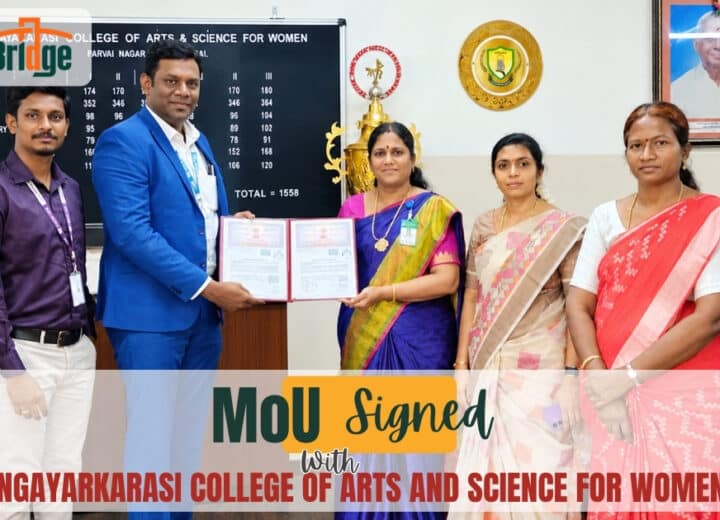 Mangayarkarasi College MoU with CampusBridge signed by Dr. Uma Baskar and Mr. Veerabaskaran K