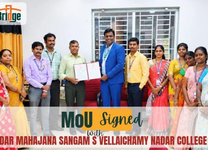 Vellaichamy Nadar College MoU with CampusBridge signed by Dr. P. Balamurugan and Mr. Veerabaskaran K